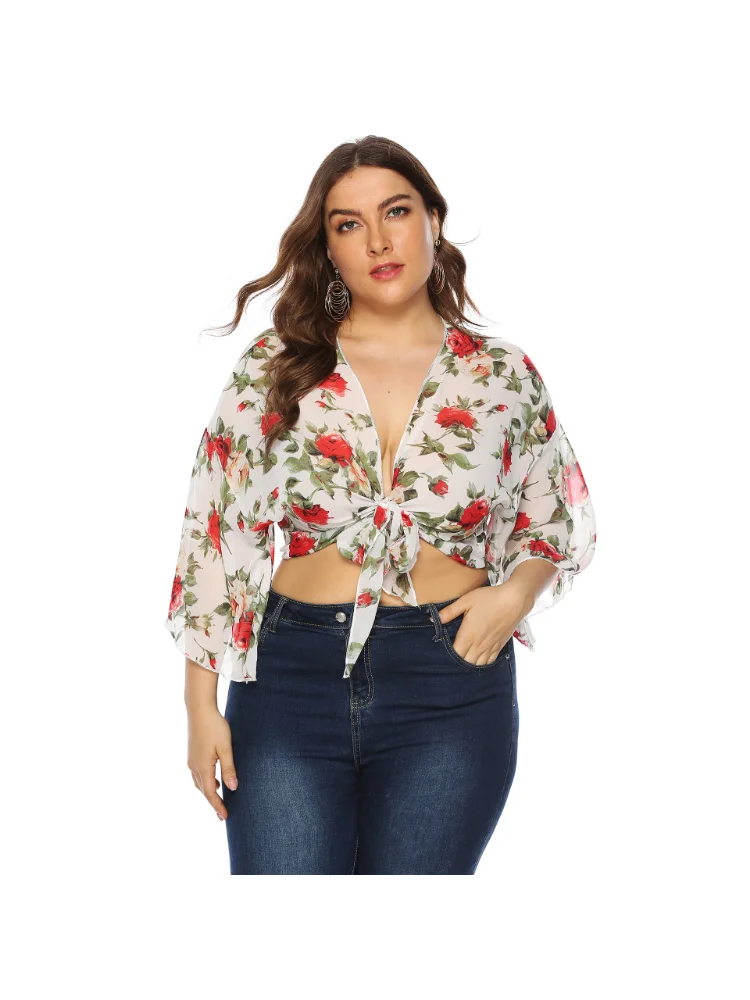 Large size women's rose flower print, bell sleeves, chiffon cardigan knotted cropped top plus size blouse