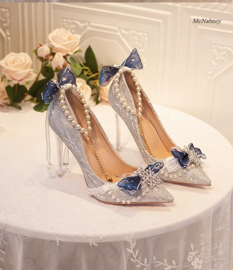 

2022 New Shoes for Women Bling Bling Butterfly Knot String Pearl Pointed Toe Stiletto Pumps Wedding Shoes Handmade to Order 40