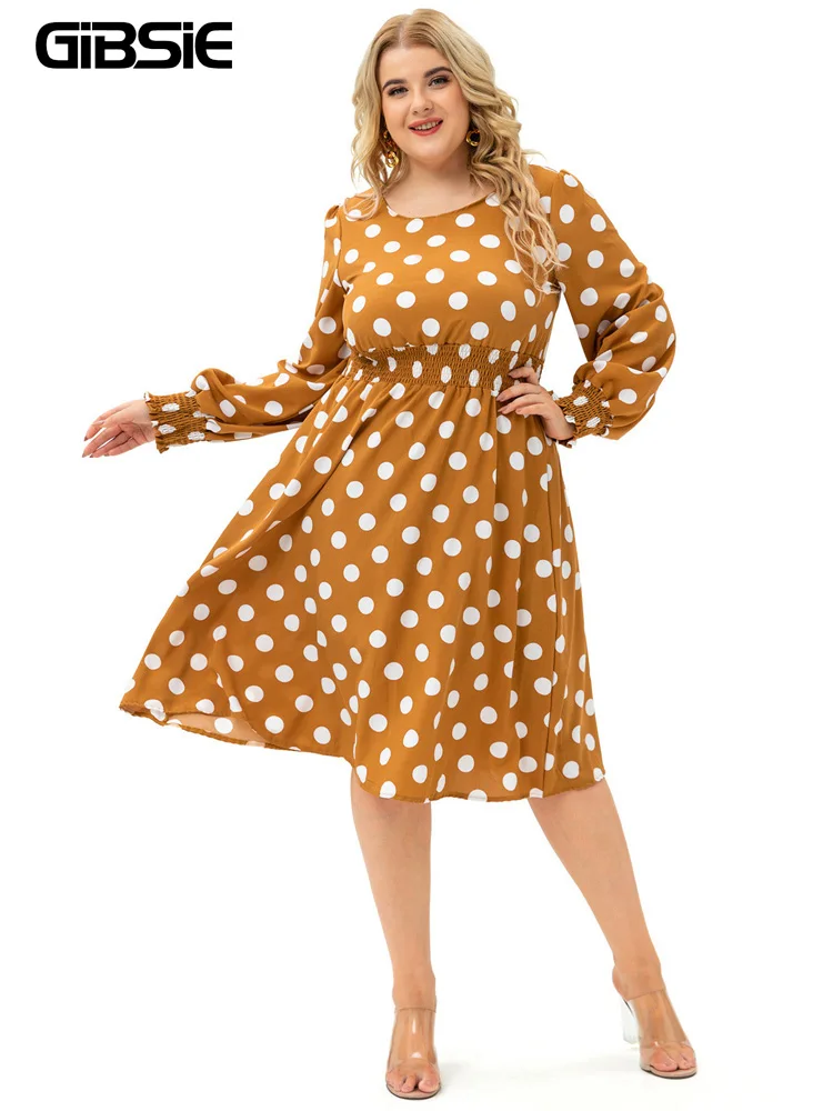 

GIBSIE Plus Size Elegant Vintage Polka Dot A-Line Dress Women Autumn O-Neck Long Sleeve Office Casual Ladies Midi Dresses 2022