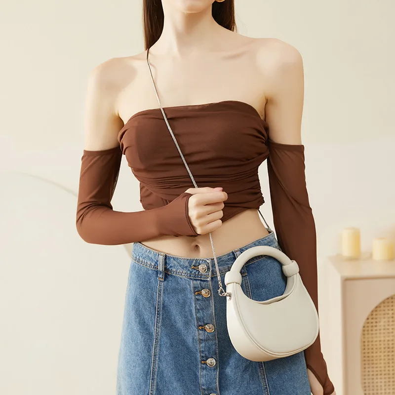 

Cowhide handbag delicate rose pink small bag Ladies crossbody crescent bag 2023 new fashion women bag everything