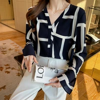 v neck women shirt spring anti wrinkled silk elegant intellectual long sleeved shirt top plaid shirt women korean fashion 2022