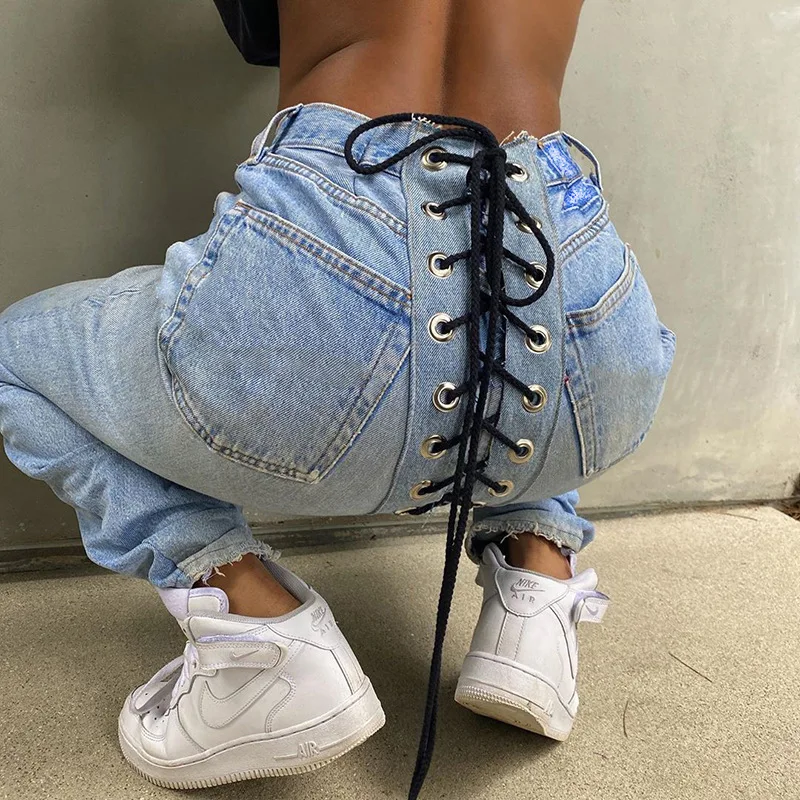 

Autumn Winter 2021 Women Bandage Sexy Jeans Y2k Fashion High Waist Pants New Streetwear Trousers Pantalones Jeans Mujer Outfits