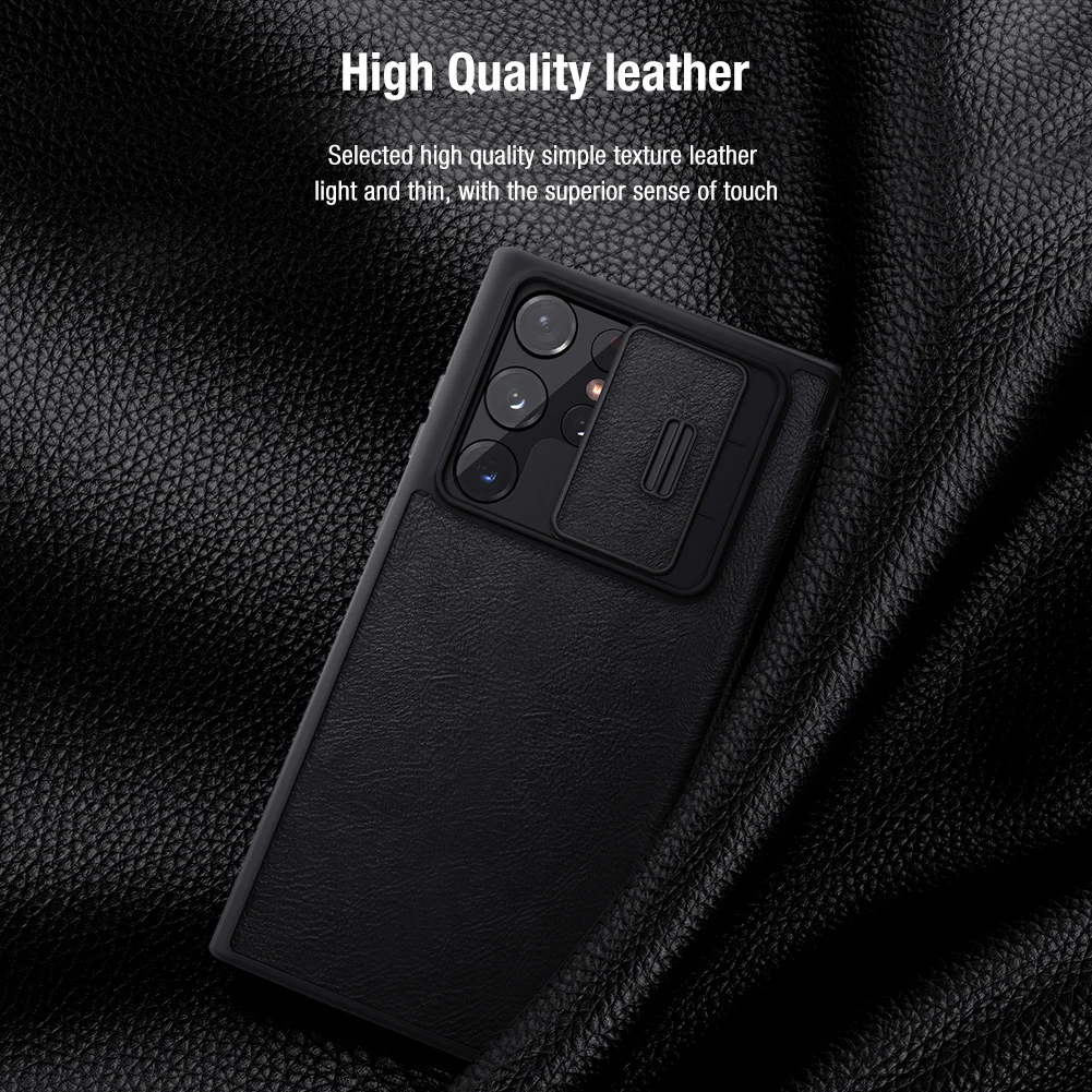 Nillkin Qin Pro Flip Leather Case for Samsung Galaxy S22 Ultra / S22+, Business Lens Sliding Cover with Card Slot Back Cover
