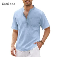 samlona plus size 3xl men short sleeve top sexy button fly shirt clothing 2022 summer casual pullovers solid model linen blouse