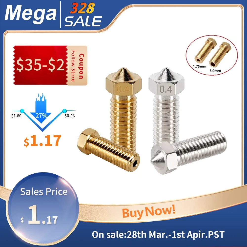 MEGA 3 шт./лот E3D V5 V6 Volcano Nozzle 0 2 4 5 6 8 1 мм M6 резьбовые сопла для 3D-принтера 75 нити |