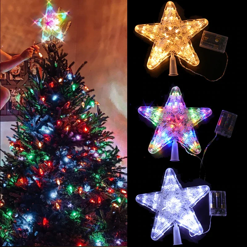 

LED Christmas Tree Star Topper Lighted Star Christmas Tree Top Decor Battery Powered Noel Navidad 2022 Warm Light Ornaments