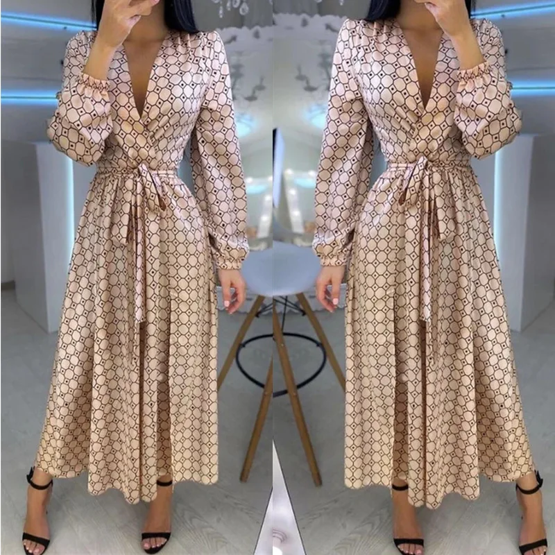 

Женское длинное платье с V-образным вырезом, с геометрическим принтом