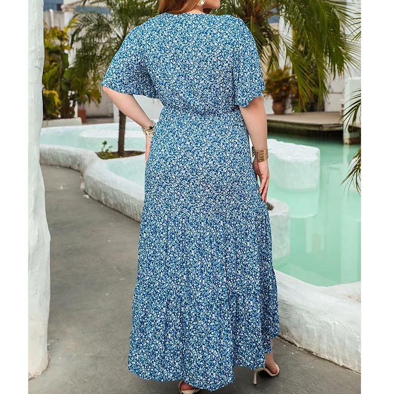 Leisure Vacation Plus Size Womens Clothing Round Neck Scattered Small Flower Sand Plants Of Design Short Sleeve Long Dresses