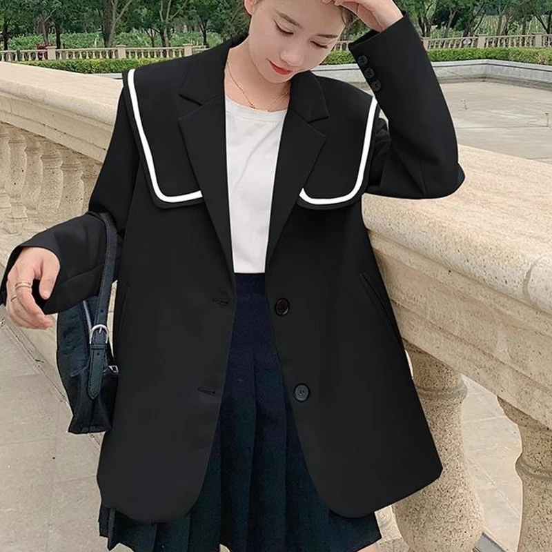 

Women's Blazers Spring Autumn 2022 New Korean Lady Fashion Sailor Collar Black Suit Jacket Casual Coats Loose Outerwear Female