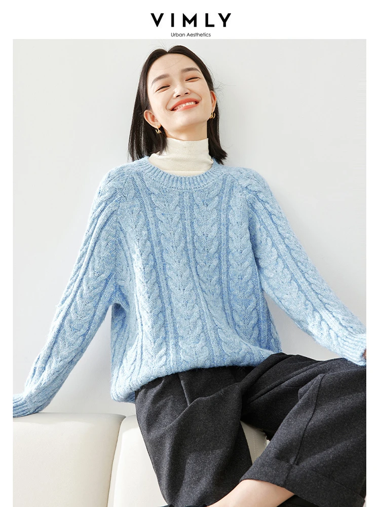 

Vimly Wool Blend Knitted Sweater Women's Long Sleeve Knit Top 2023 Winter O-neck High Strecth Loose Jumpers Knitwear Woman 16237