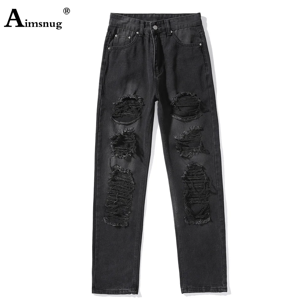 Aimsnug 2023 Vintage High Waist Jeans Demin Pant Women Straight Leg Denim Jeans Korean Fashion Hole Ripped Demin Trousers Femmes
