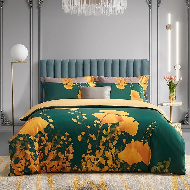 

100%Cotton Queen Size Yellow Ginkgo Leaves Bedding Set Bright Duvet Cover with Zipper 1 Bed sheet 2 Pillowcases Easy care Soft