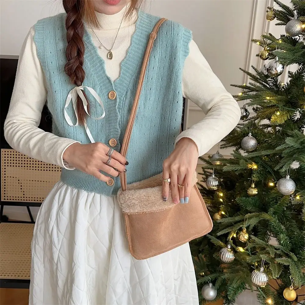 Портативная плюшевая сумка из овечьей шерсти пушистая через плечо замшевая