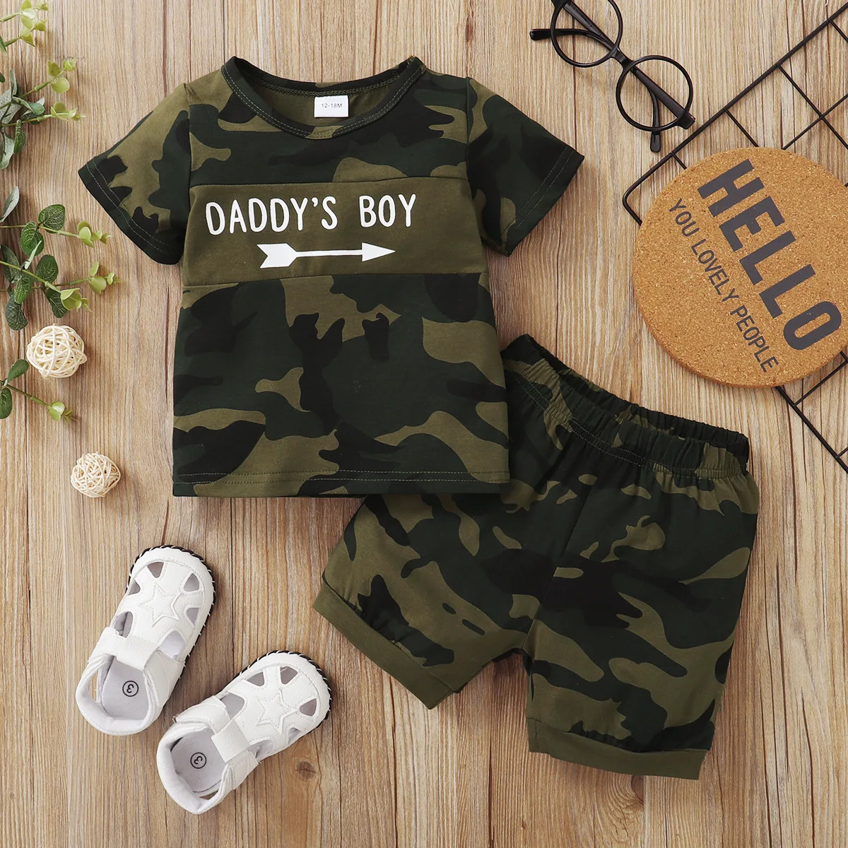 

Summer 12M-5Y Baby Boy Printed Letter Short Sleeve Jacket T Shirt Camouflage Shorts Set