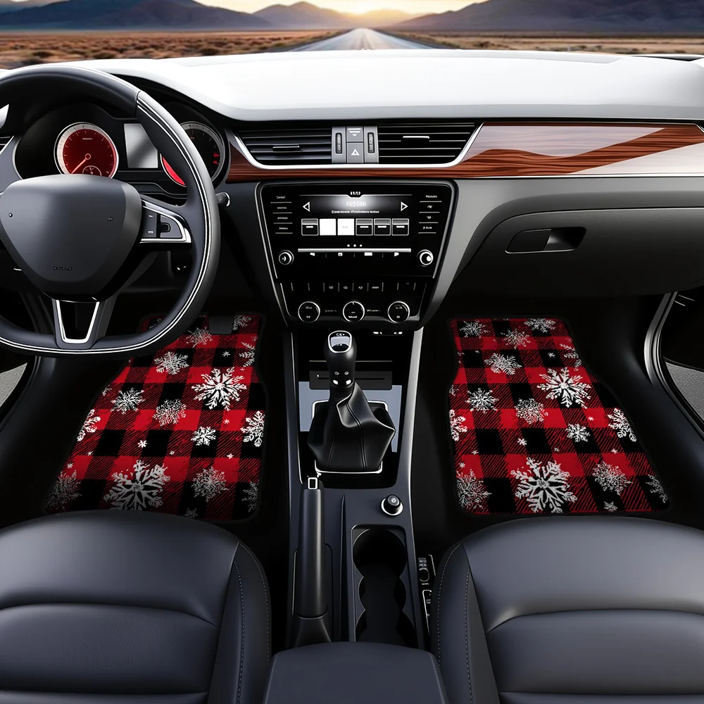 Фото 4 шт. автоковрики с клетчатым красным дизайном снежинки, совместимые с кроссоверями или минивэнами, простые поверхности для обслуживания, идея подарка, Da №3