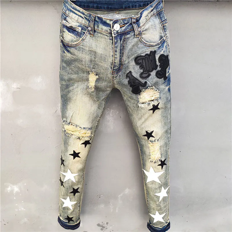 High Quality Men Jean Hole Patch Fashion Versatile Ripped Jeans Stretch Pencil Pant Streetwear Elastic Hip Hop Star Pattern Jean