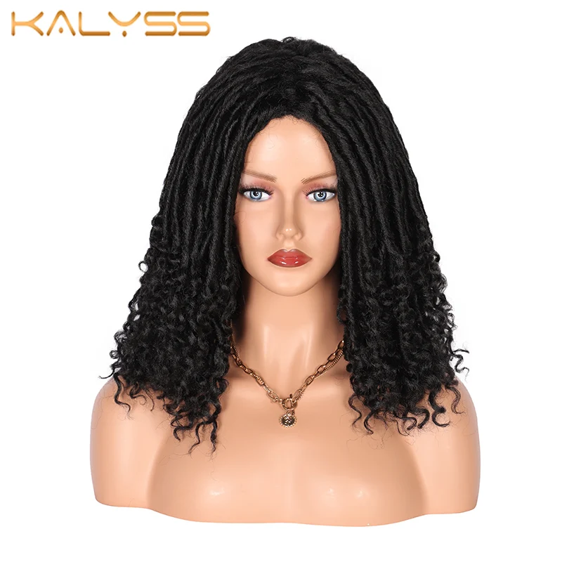 Kalyss 15 Inches Braided Synthetic Full Wig Short Bob Goddess Locs Wig With Curls For Black Women Fauxs Locs Wig Machine Wig