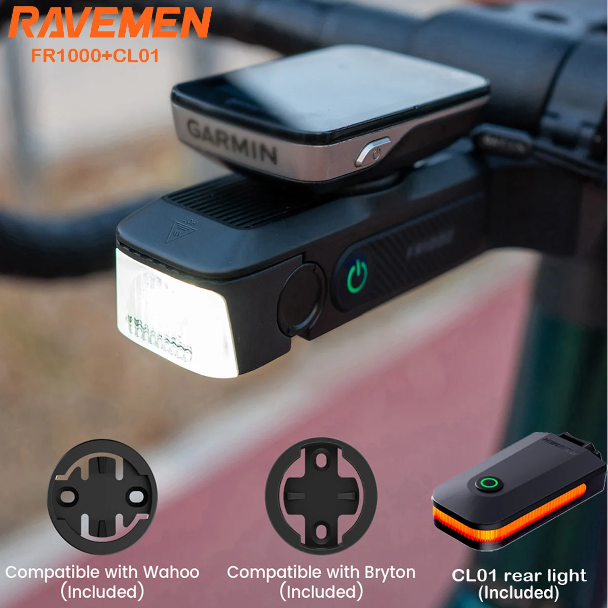 Фото Комплект велосипедных фонарей RAVEMEN FR1000 для Garmin Wahoo Bryton GPS CL01, задний фонарь, перезаряжаемый комплект передних и задних фонарей для велосипеда №1
