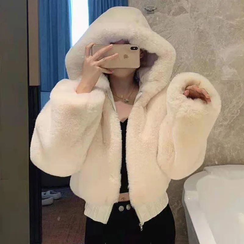 Parkas Women's Outdoors Short Coats Jackets 2022 Winter Fashion Faux Fur Mink Splicing Hooded Warm Cardigan Casual Jacket Woman
