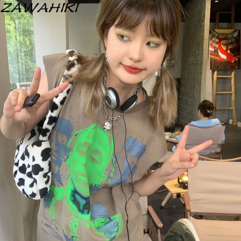 

Летняя женская одежда, серые футболки, футболки с принтом без рукавов, в стиле хип-хоп Y2K, майка, футболка, японские модели, модная одежда в го...