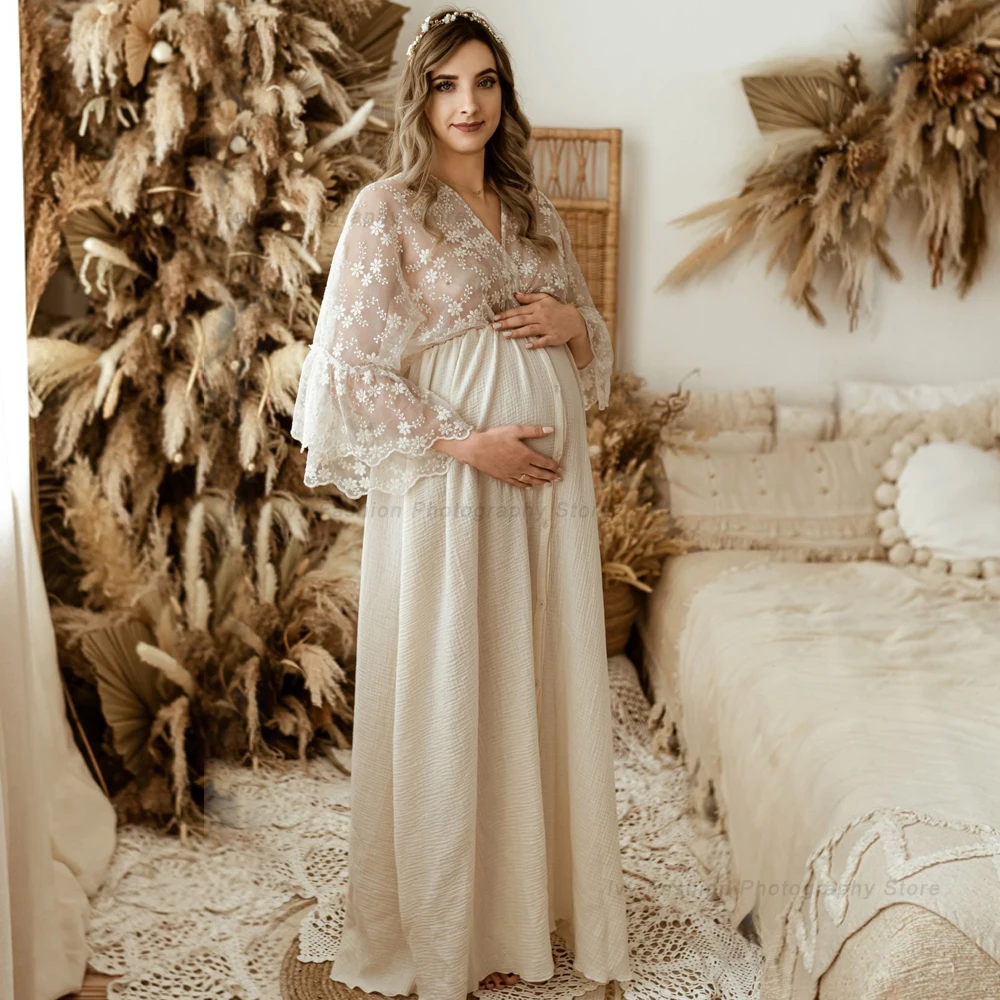 Maternity Dresses For Baby Showers Vintage Linen Dress Elegant Embroidered Yarn Lace Sleeves Bohemian Pregnancy Dress