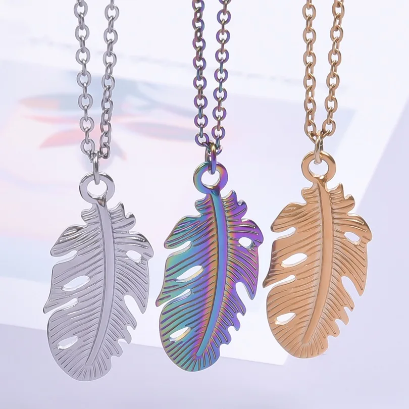 

1pc Stainless Steel Plume Pendant Necklaces For Women Men Jewelry Chain Decoration Collares Accessories