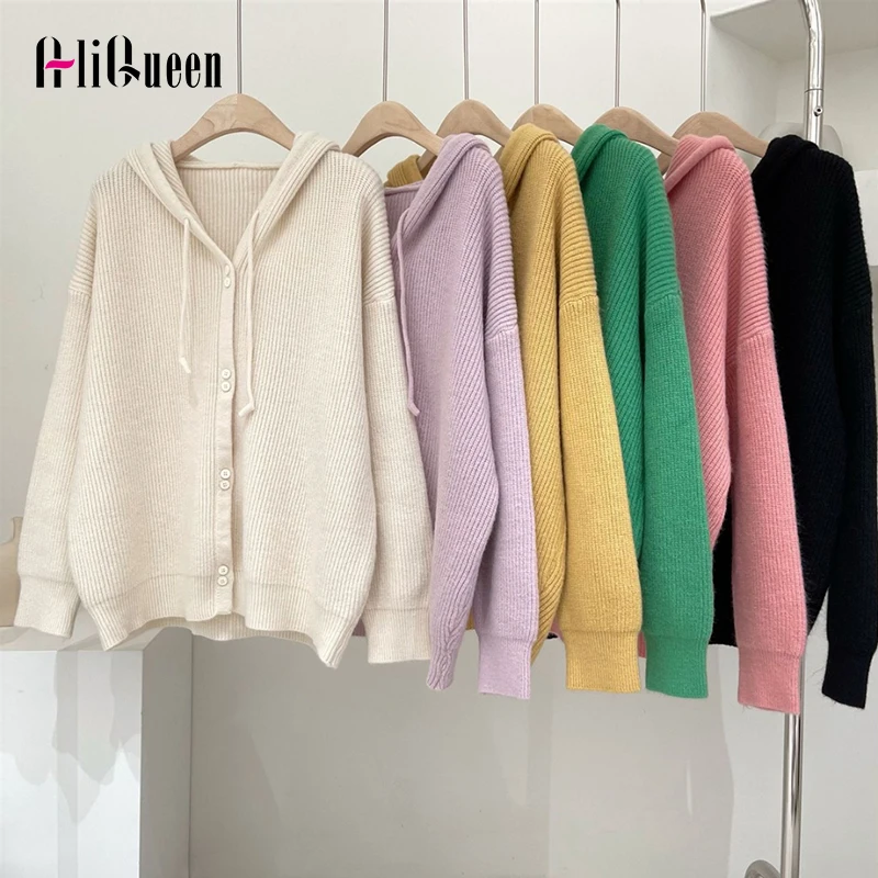 

Женский трикотажный кардиган с капюшоном, повседневный однобортный Свободный укороченный кардиган розового цвета с длинным рукавом, пальт...