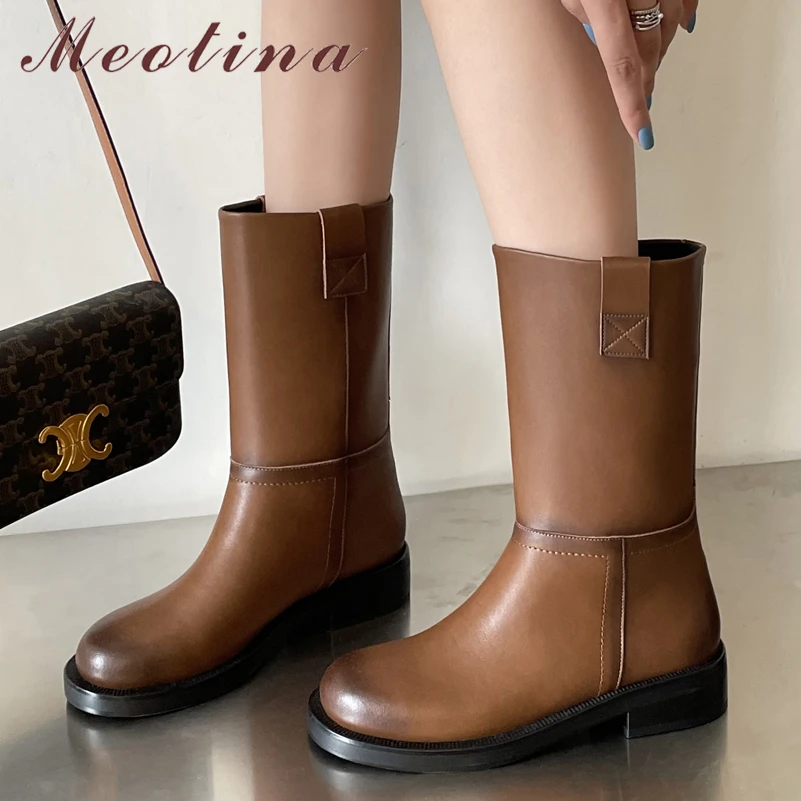 

Meotina Women Genuine Leather Mid Calf Boots Round Toe Platform Flat Ladies Concise Short Boot Autumn Winter Shoes Black Brown