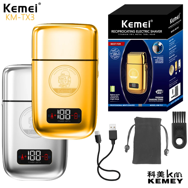 Hot Sale Kemei Km-Tx3 2021new design Anti Pinch Hair Product Electric Gold Metal Body Shaving Usb Charging Reciprocating Shaver