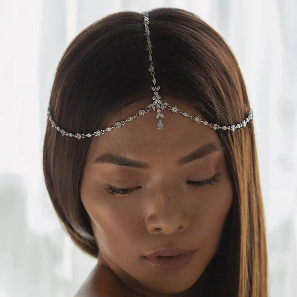 

Stonefans Boho Bridal Wedding Head Chain Exquisite Cubic Zirconia Leaf Forehead Headband Chain Hair Jewelry for Women Headpiece