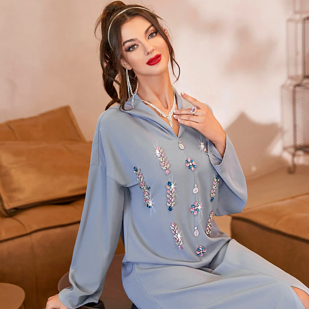 Мусульманское платье Рамадан, серое платье с капюшоном ручной работы со стразами, марокканский стиль, абайя, новинка 2022, кафтан Djellaba, платья
