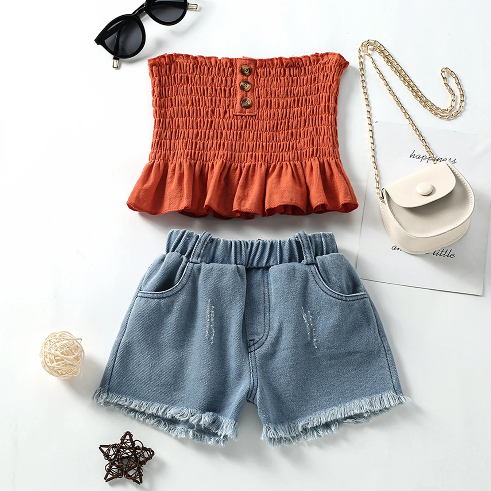 

Kids Baby Girl Outfits Toddler Off-Shoulder Ruffled Tube Tops Denim Shorts Girl Clothes Sets 2-7Y