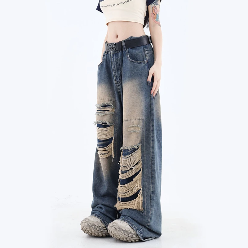 

Женские брюки Baddie Grunge Gyaru Harajuku, модные рваные джинсовые брюки, мешковатые джинсы, длинные брюки Y2k, уличная одежда в стиле 1920-х в эстетическом стиле