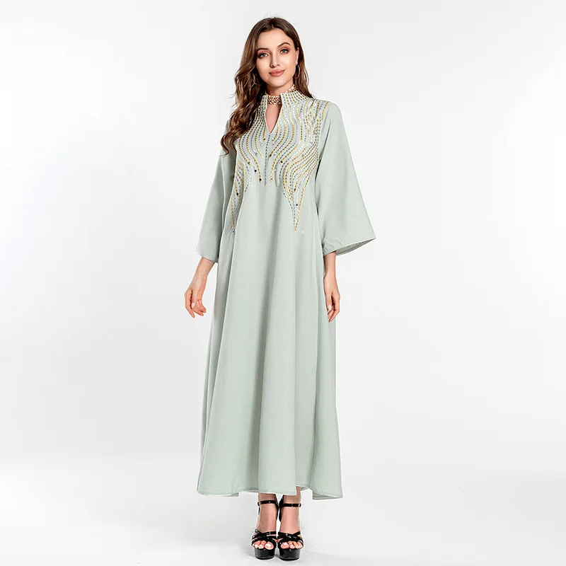 Women Pleated Muslim Dress Autumn Full Sleeve O-Neck Solid Color Sundress Casual Loose Elegant Robe Turkey Abaya Vestido