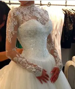 High Neckline Beaded Appliqued Vestido De Noiva Bridal Gowns  Plus Big Size Customized Long Sleeve Bridal Wedding Gowns