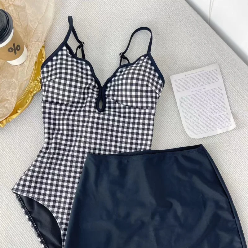 Корейская мода ретро клетчатый цельный купальник для женщин с юбкой тип высокой