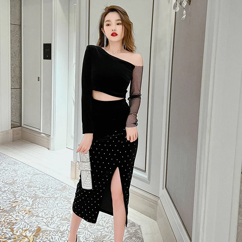 

Fashion Women Vintage Diagonal collar Mesh Hollow Midi Party Dress Elegant Sexy Street Clothes Coffee Break Black Female Dress