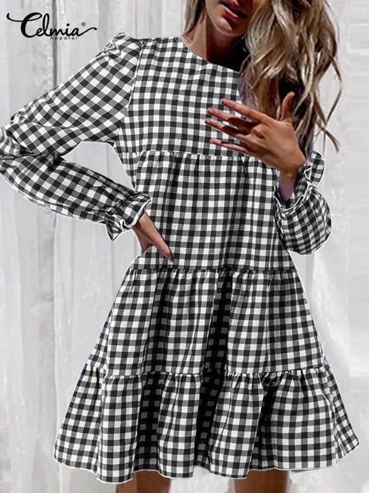 

Celmia Plaid Stitching Short Robes Long Sleeve A-line Elegant Women Mini Dress Bohemian Holiday O Neck Fashion Casual Vestido