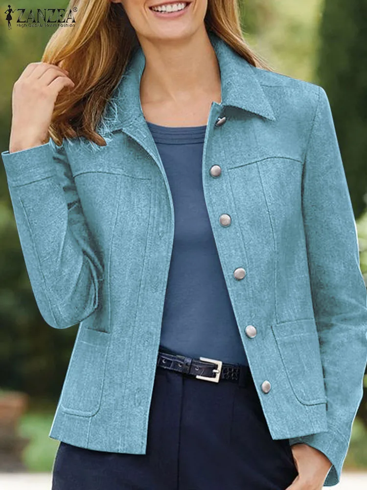ZANZEA женские джинсовые пальто модные куртки с длинным рукавом и воротником