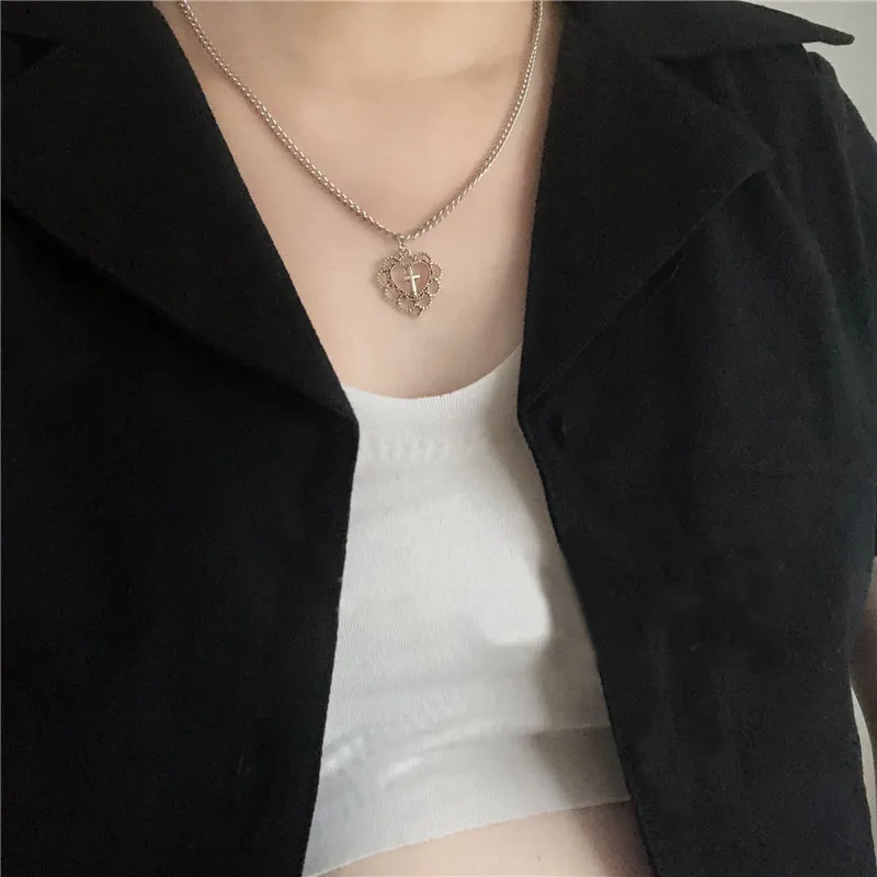 

Gothic Punk Style Hollow Heart Cross Pendant Necklace Religion Dark Art Goth Jewellery Necklaces For Women Rock Metal Gifts