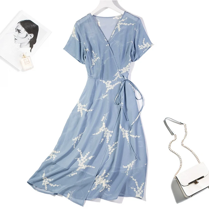 

Women 100% Pure Silk V neck Blue Printed Wrap Dress Short Sleeve Midi Dress with lining M L XL 8040