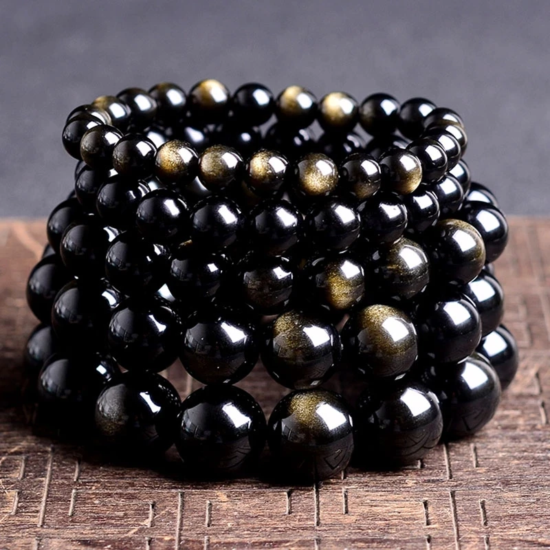 

Black Gold Obsidian Beaded Stretch 8-16mm Natural Stone For Man Woman Round Classic Bracelets Bangle Lucky Jewelry