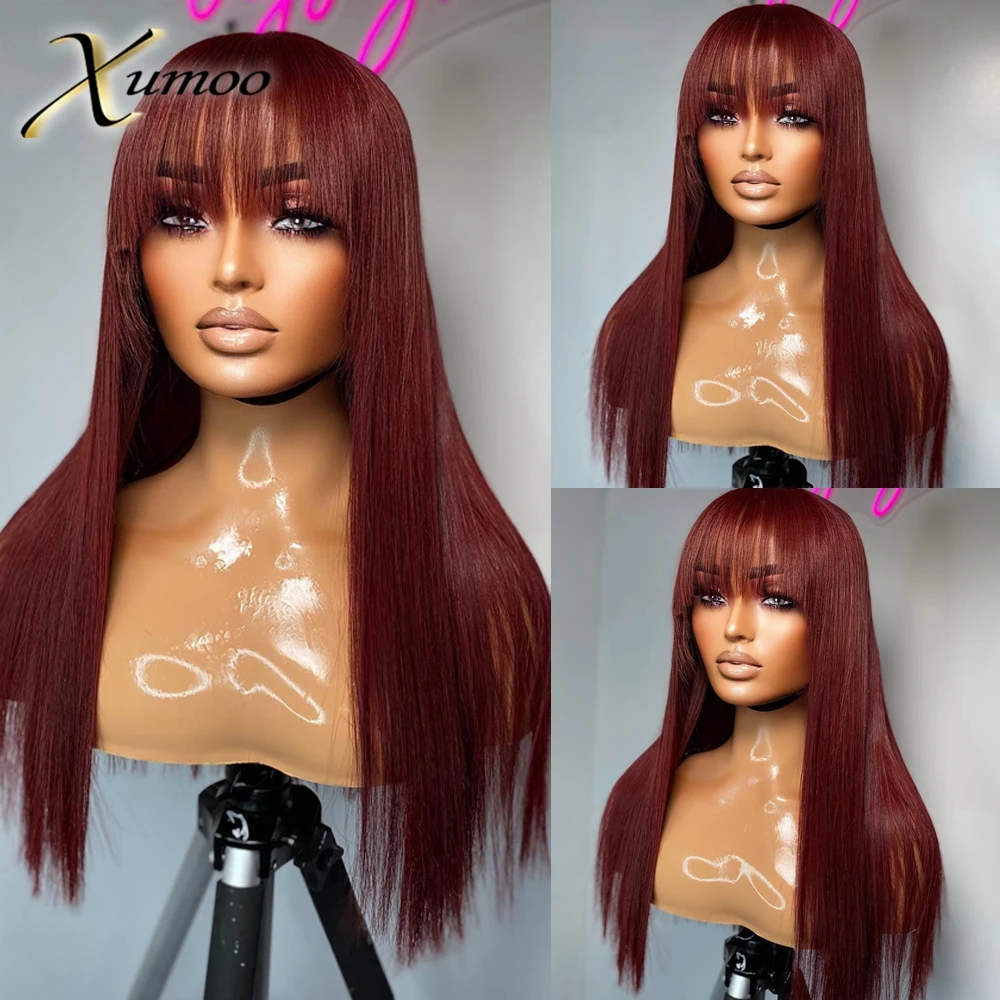 Xumoo Red Color 13*4 Lace Front Wigs Peruvian Remy 99j Straight Human Hair Glueless Wigs For Women with Baby Hair Pre Plucked