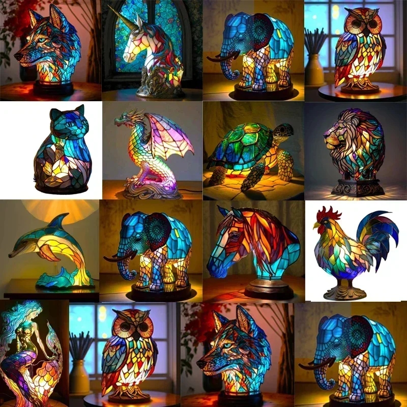 

Artwork Table Lamps Resin Stained Glass Animal Table Light Night Light Owl Horse for Living Room Home Bedroom Decoration