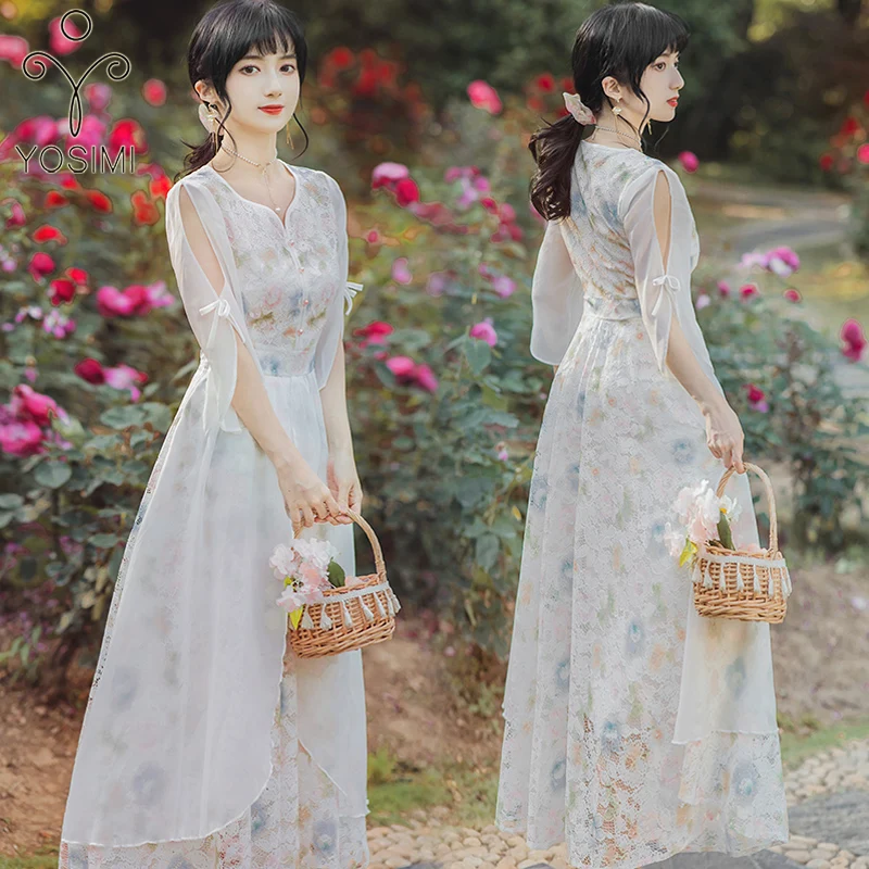 

Женское вечернее длинное платье YOSIMI, элегантное белое кружевное платье из вуали с цветочным принтом и круглым вырезом, платье до середины икры с рукавом до локтя, лето 2022