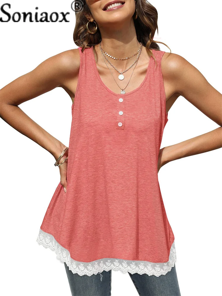 

Solid Color O-Neck Button T-Shirt Tops 2022 Summer Sleeveless Women Tank Top Lace Patchwork Camisoles Loose Casual Street Vest