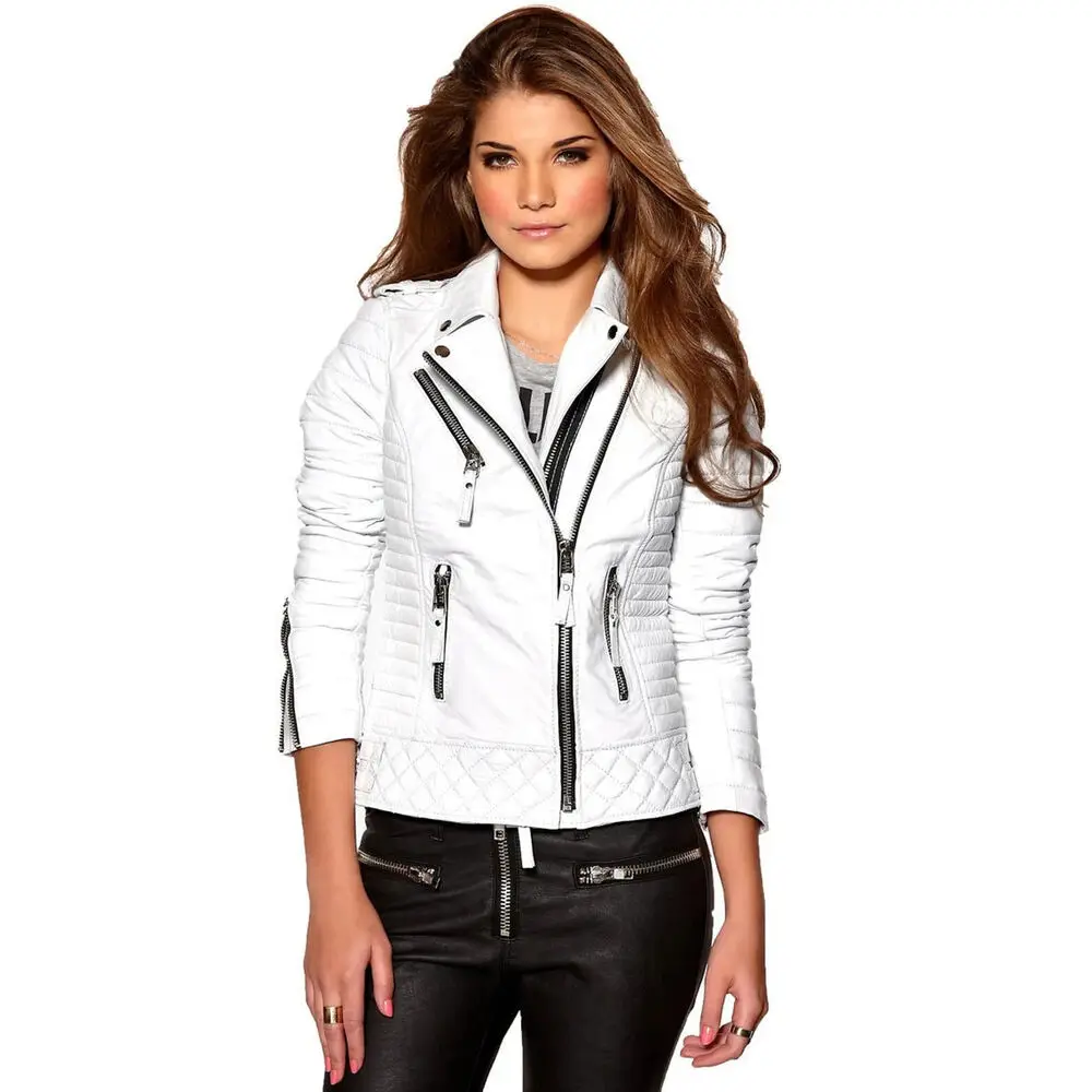 Women Quilted Leather Jacket White Soft Leather Biker Jacket For Girls