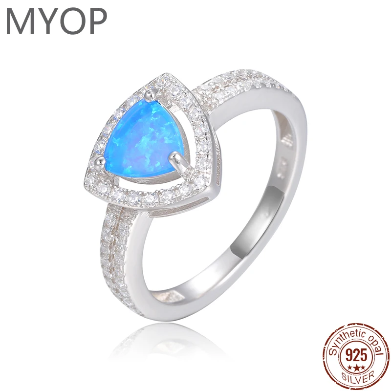 

MYOP Real 925 Sterling Silver Triangle Ring Exquisite Charm Sparkling Blue Opal Finger Ring Fashion Female Jewelry For Women