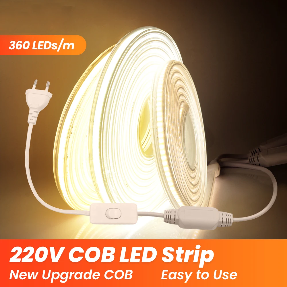 220V COB Led Strip Light With Switch Power Plug 360LED/m Super Bright Waterproof CRI 90 Linear Lighting Flexible LED Ribbon