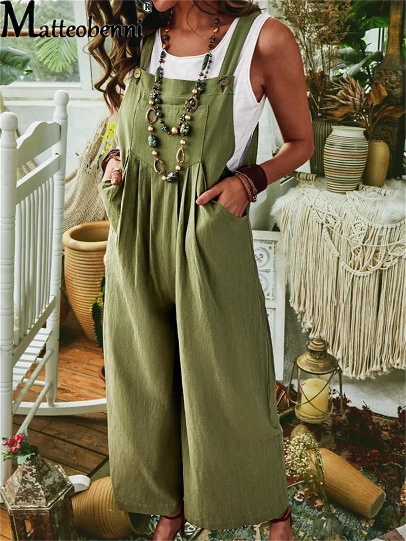 Elegant Solid Color Strap Pants Women Hemp Cotton Sleeveless Splicing Pocket Jumpsuit Female 2023 Casual Loose Wide Leg Trousers